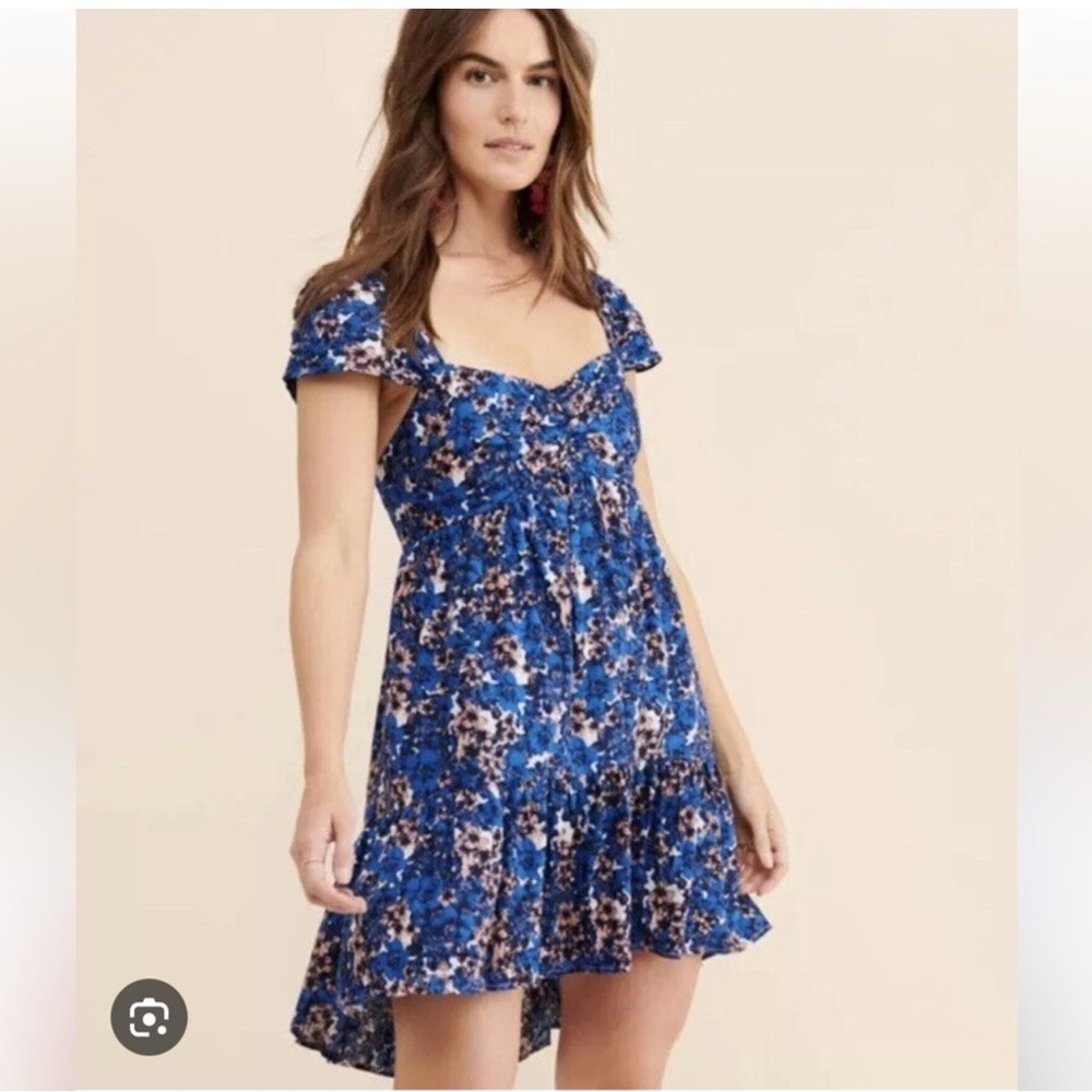 Free People Pattern Play Mini Blue Floral Dress Cool Combo Small